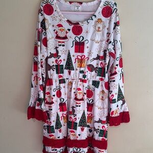 Festive Kids Dress with Santa and Reindeer Print